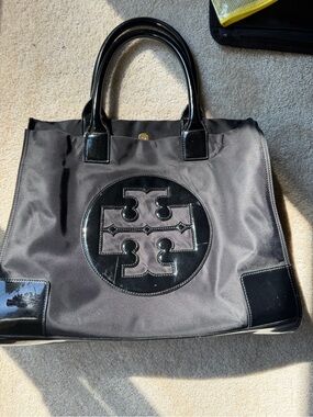Tory Burch Black Nylon Tote with Patent Logo